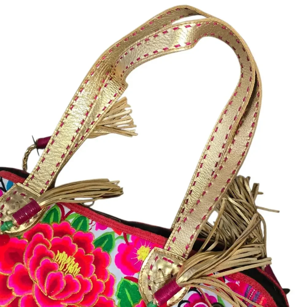 Boho Floral Embroidered Half Moon Shoulder Bag Ethnic Thai Tote Pink